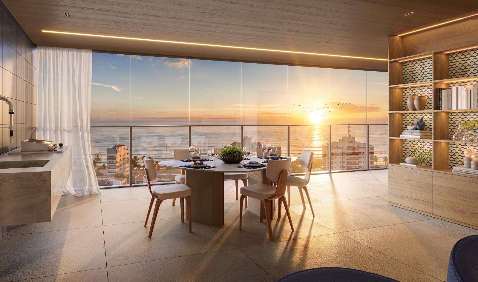 Espaco gourmet com vista panoramica para o mar ao por do sol