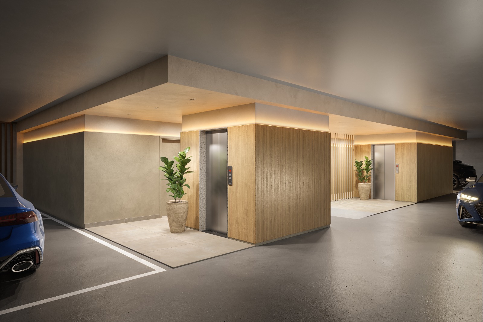 Hall privativo dos elevadores na garagem